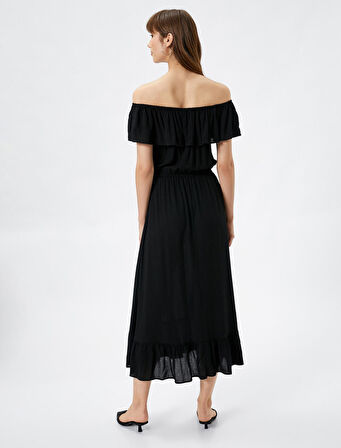 Midi Elbise Omzu Açık Fırfırlı Beli Püskül Detaylı