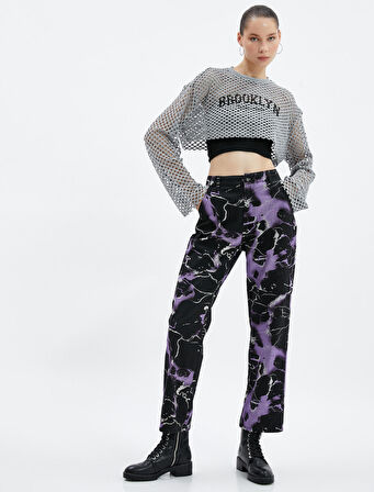 File Crop Tişört Kolej Baskılı  Uzun İspanyol Kol Yuvarlak Yaka