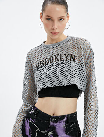 File Crop Tişört Kolej Baskılı  Uzun İspanyol Kol Yuvarlak Yaka