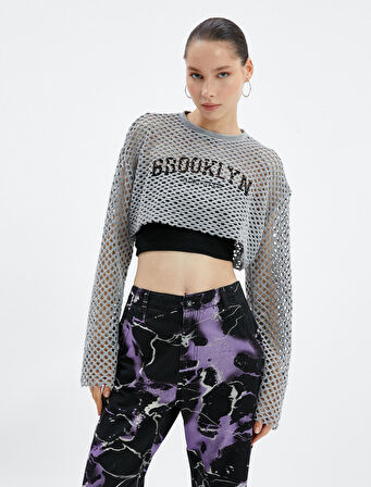 File Crop Tişört Kolej Baskılı  Uzun İspanyol Kol Yuvarlak Yaka