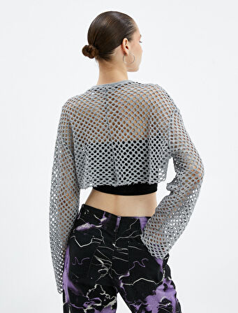 File Crop Tişört Kolej Baskılı  Uzun İspanyol Kol Yuvarlak Yaka