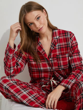Kareli Pijama Üstü Düğmeli Uzun Kollu Cepli Yılbaşı Temalı