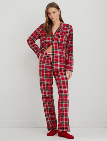 Kareli Pijama Üstü Düğmeli Uzun Kollu Cepli Yılbaşı Temalı