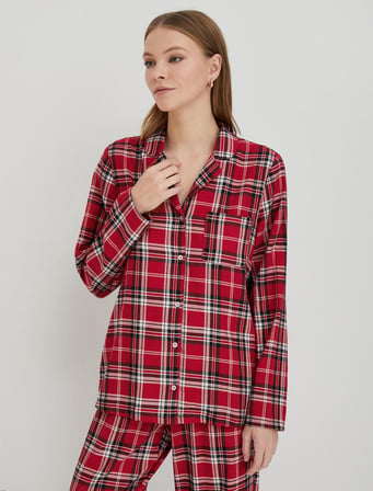Kareli Pijama Üstü Düğmeli Uzun Kollu Cepli Yılbaşı Temalı