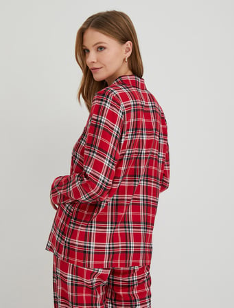 Kareli Pijama Üstü Düğmeli Uzun Kollu Cepli Yılbaşı Temalı