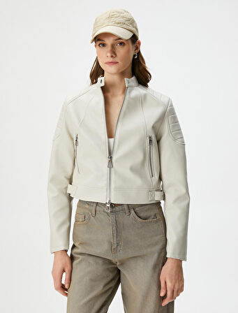 Suni Deri Biker Ceket Fermuarlı Cepli 