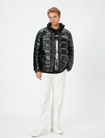 Şişme Mont Deri Görünümlü Fermuarlı Dik Yaka