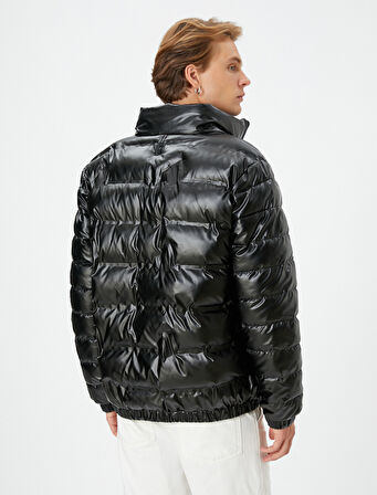 Şişme Mont Deri Görünümlü Fermuarlı Dik Yaka