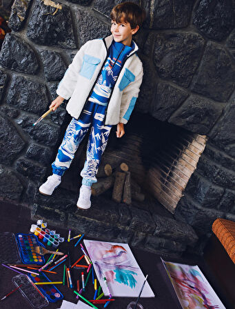 Sweatshirt Kayak Baskılı Dik Yaka Uzun Kollu Kanguru Cepli Şardonlu