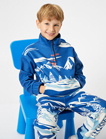 Sweatshirt Kayak Baskılı Dik Yaka Uzun Kollu Kanguru Cepli Şardonlu