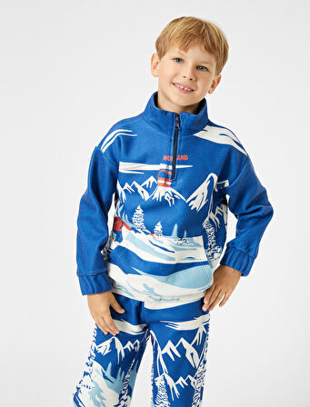 Sweatshirt Kayak Baskılı Dik Yaka Uzun Kollu Kanguru Cepli Şardonlu