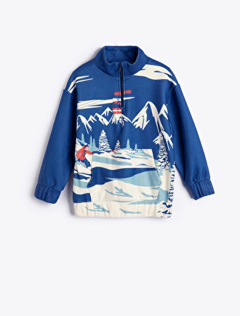 Sweatshirt Kayak Baskılı Dik Yaka Uzun Kollu Kanguru Cepli Şardonlu