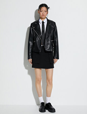 Suni Deri Ceket Anvelop Fermuarlı Cepli