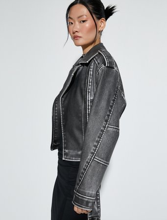 Crop Biker Ceket Suni Deri Kruvaze Fermuarlı