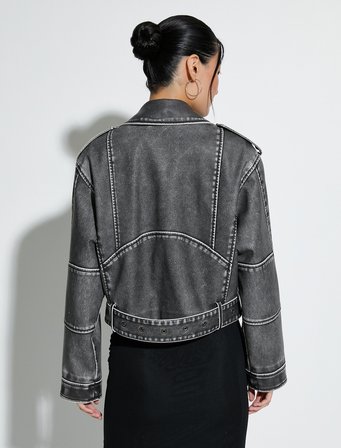 Crop Biker Ceket Suni Deri Kruvaze Fermuarlı