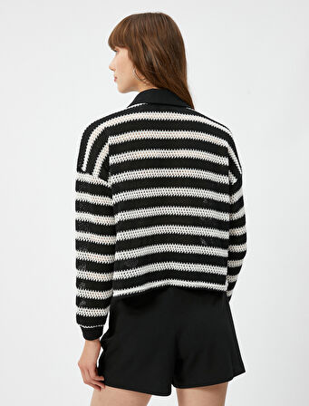 Polo Yaka Hırka Düğmeli Uzun Kollu Ajurlu