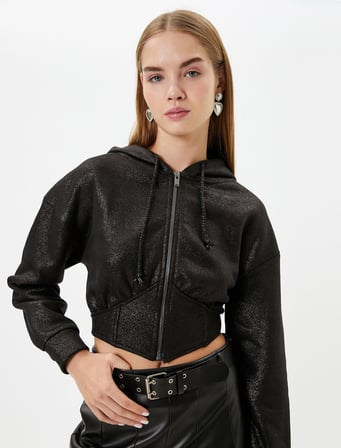 Parlak Kapşonlu Fermuarlı Crop Sweatshirt Korse Detaylı 