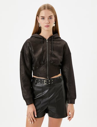 Parlak Kapşonlu Fermuarlı Crop Sweatshirt Korse Detaylı 