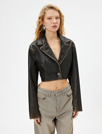 Crop Suni Deri Ceket Eskitilmiş Görünümlü Ters Kruvaze Yaka Uzun Kollu