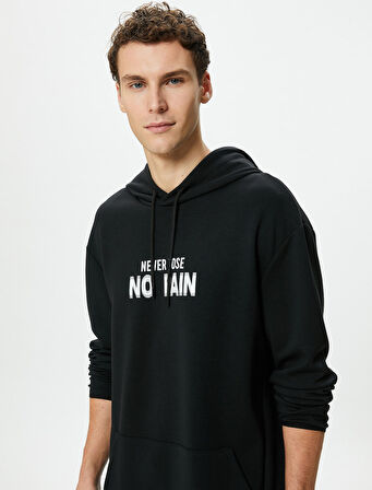 Oversize Hoodie Kanguru Cepli Slogan Baskılı Uzun Kollu