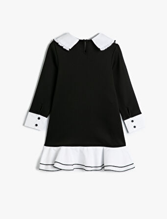 Bebe Yaka Elbise Uzun Kollu Renk Kontrastlı Fırfırlı 