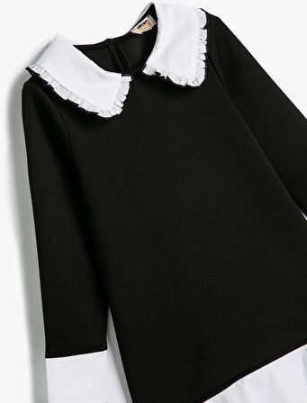 Bebe Yaka Elbise Uzun Kollu Renk Kontrastlı Fırfırlı 