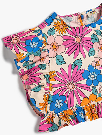 Crop Bluz Fırfır Detaylı Bisiklet Yaka Pamuklu