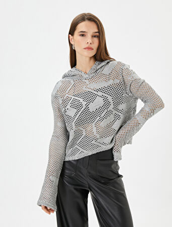 Ajurlu Triko Kazak Kapüşon Detaylı Simli