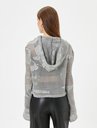 Ajurlu Triko Kazak Kapüşon Detaylı Simli