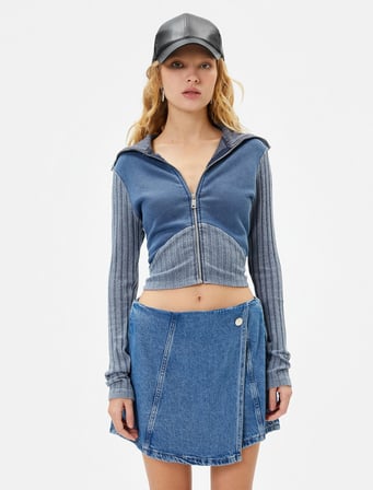 Fermuarlı Sweatshirt Çift Kumaş Kullanımlı Soluk Efektli Dik Yaka Pamuklu