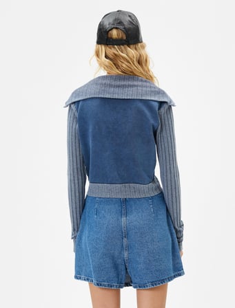 Fermuarlı Sweatshirt Çift Kumaş Kullanımlı Soluk Efektli Dik Yaka Pamuklu