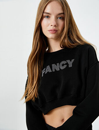 Crop Sweatshirt Şardonlu Uzun Kollu Bisiklet Yaka Baskılı 