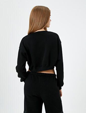 Crop Sweatshirt Şardonlu Uzun Kollu Bisiklet Yaka Baskılı 