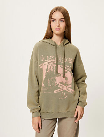 Kapşonlu Baskılı Sweatshirt Şardonlu Uzun Kollu Soluk Efektli