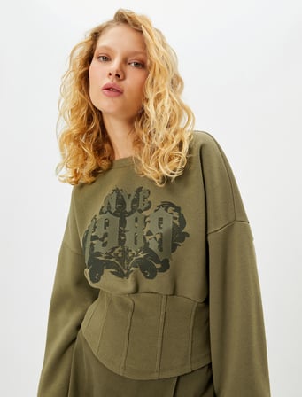 Kolej Crop Sweatshirt Korse Görünümlü Şardonlu Slim Fit 