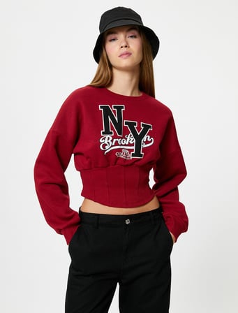 Kolej Crop Sweatshirt Korse Detaylı Şardonlu Uzun Kollu Bisiklet Yaka