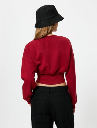 Kolej Crop Sweatshirt Korse Detaylı Şardonlu Uzun Kollu Bisiklet Yaka
