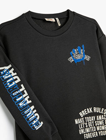 Sweatshirt Uzun Kollu Bisiklet Yaka Slogan Baskılı Şardonlu