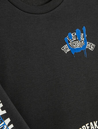 Sweatshirt Uzun Kollu Bisiklet Yaka Slogan Baskılı Şardonlu