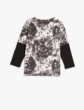 Batik Desenli Tişört Uzun Kollu Bisiklet Yaka Slogan Baskılı Pamuklu