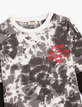 Batik Desenli Tişört Uzun Kollu Bisiklet Yaka Slogan Baskılı Pamuklu