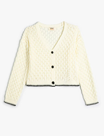 Crop Hırka Ajurlu V yaka Uzun Kollu 