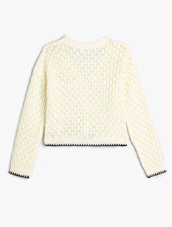 Crop Hırka Ajurlu V yaka Uzun Kollu 