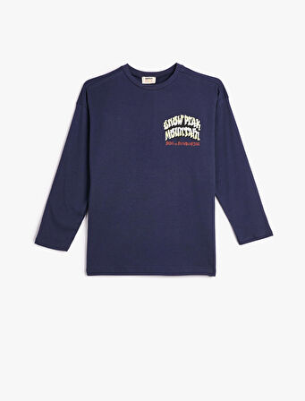 Tişört Uzun Bisiklet Yaka Yazı Baskı Detaylı Pamuklu 