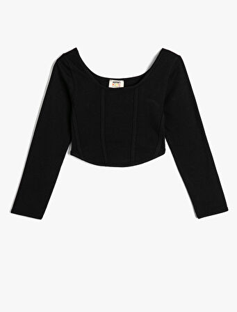 Crop Tişört Uzun Kollu Yuvarlak Yaka Dikiş Detaylı Pamuklu