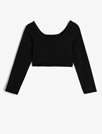 Crop Tişört Uzun Kollu Yuvarlak Yaka Dikiş Detaylı Pamuklu