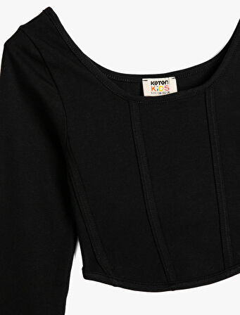 Crop Tişört Uzun Kollu Yuvarlak Yaka Dikiş Detaylı Pamuklu