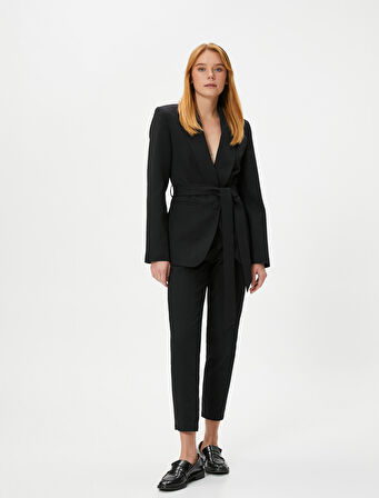 Blazer Ceket Düğmeli Fleto Cepli Beli Kuşaklı