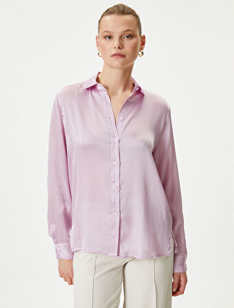 Saten Gömlek Dokulu Düğmeli Uzun Kollu