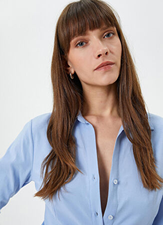 Koton Normal Gömlek Yaka Düz Açık İndigo Kadın Gömlek 4WAK60454UW